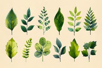 Collection of green leaf illustrations showcasing various shapes and sizes on a light background
