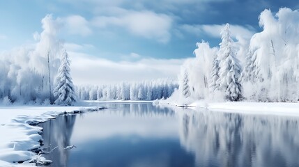 Serene winter landscape with snow-covered trees and a frozen lake under a clear sky - Powered by Adobe