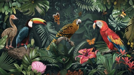 Vibrant tropical jungle with exotic animals for a living room. 