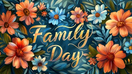 celebration calligraphy, the words family day are elegantly penned in calligraphy, surrounded by delicate daisy illustrations and warm colors