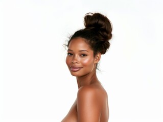Fototapeta premium Young smiling brunette on a gray background. Feminine beauty.