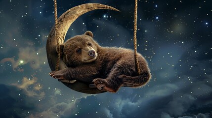 Obraz premium Baby bear sweetly sleeping on a crescent moon against a starry night sky and clouds. A fabulous character for a lullaby. Illustration for cover, card, postcard, interior design, decor or print.