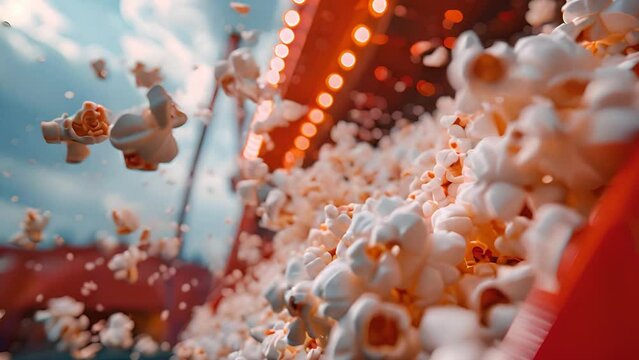 This large amount of popcorn is thrown into the air, creating a chaotic scene.