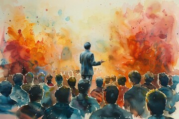 Watercolor painting of a speaker addressing an engaged audience against a vibrant, abstract background, symbolizing creativity and inspiration.