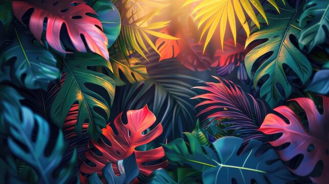Tropical leaves with bold patterns, bright sunlight, eyelevel view, vibrant jungle illustration