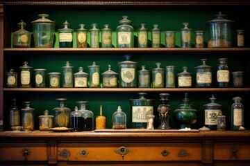 Classic wooden apothecary cabinet showcasing a variety of labeled antique glass jars