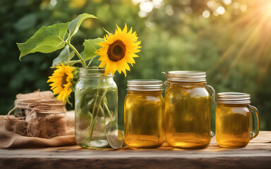 Rustic picnic table with sunflowers and mason jars, warm afternoon light, summer event template