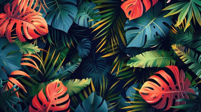 Tropical leaves with bold patterns, bright sunlight, eyelevel view, vibrant jungle illustration