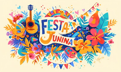 Fototapeta premium Guitar with floral and festive elements. Digital artwork for Festa Junina celebration