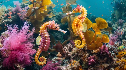 The underwater scene features two seahorses and beautiful coral reefs
