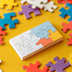 Fototapeta premium Fun concept: puzzle piece-shaped blank business card mockup on a jigsaw puzzle.