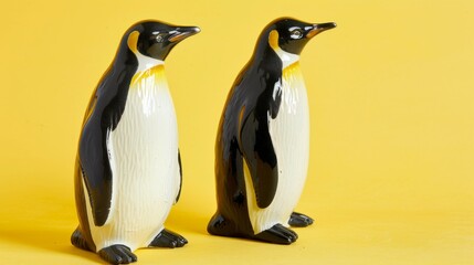 Two small penguin statuettes on bright yellow background for vibrant decorative art and design concepts