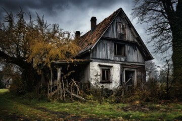 Spooky old house in disrepair amid autumn trees under a dark sky