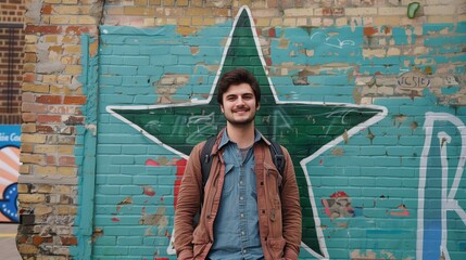 A man stands in front of a green wall adorned with a star graffiti