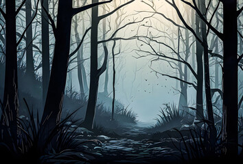 Illustrate a spooky forest scene with eerie mist and mysterious shadows vector art illustration...