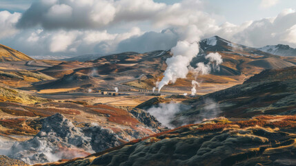 A mountain range with steam coming out of the ground - Powered by Adobe