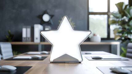 In a meeting room, a compact star-shaped blank TV screen is set for dynamic presentations.