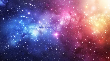 Naklejka premium A sky filled with numerous blue and yellow stars, interspersed with a few pink ones, and a black expanse dotted with countless white stars