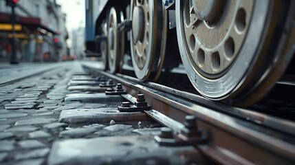 A close-up shot of a modern tram's wheels and tracks in an urban environment. 8k, realistic, full ultra HD, high resolution and cinematic photography - Powered by Adobe