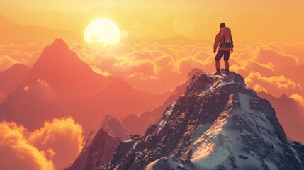 Mountain climber standing on top of mountain peak in front of sunset sun