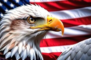 Naklejka premium Memorial Day or July 4th. The celebration of Independence Day. A white eagle on the background of the American flag. USA