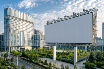 Obraz premium Oversized blank billboard with a view of architectural office structures in a corporate setting.