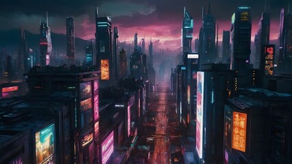 In a neon-soaked cyberpunk city in the sky, futuristic buildings reach towards the heavens amidst...