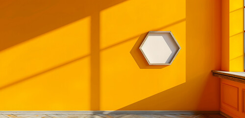 Eye-catching hexagonal blank frame in a vibrant gallery with a yellow wall.