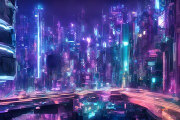 Obraz premium In a neon-soaked cyberpunk city in the sky, futuristic buildings reach towards the heavens amidst glowing neon signs and flashing holographic advertisements. Generative AI