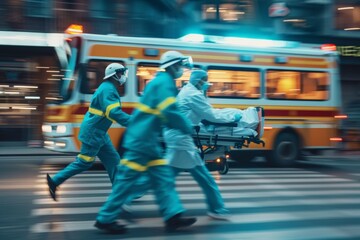 Fototapeta premium A group of medical professionals are running across a street with an ambulance behind them. The scene is fast-paced and intense, with the medical team working quickly to transport a patient to safety