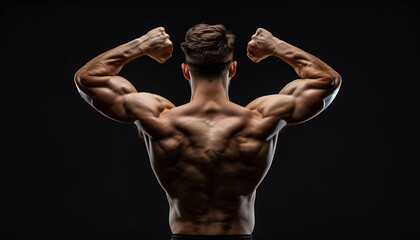 Muscular man showing his strength on black background, back view. Sexy body