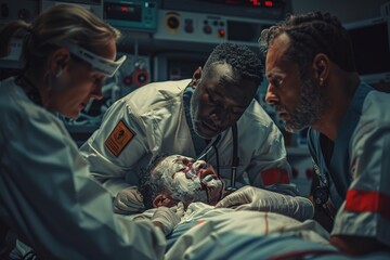 A man is being operated on by a doctor. The doctor is wearing a white coat and a yellow sticker on his shirt. The man is bleeding and has a bandaged face. The scene is intense and dramatic