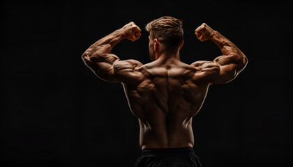 Muscular man showing his strength on black background, back view. Sexy body