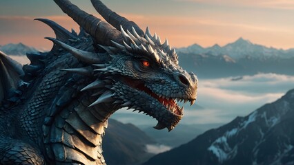 A majestic dragon with shimmering scales, sharp claws, and piercing eyes, hovering over a vast mountain range with snow-capped peaks and misty valleys. Generative AI