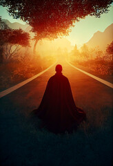 Silhouette of a person standing on a mysterious road