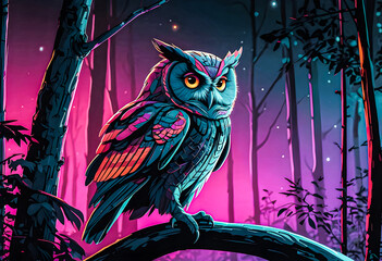 A cybernetic owl perched on a branch overlooking a neon-lit forest vector art illustration generative AI image.
