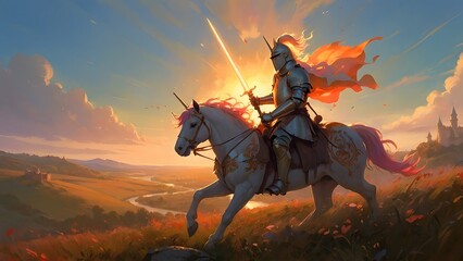 Fototapeta premium In a medieval fantasy realm, a brave knight charges into battle atop a majestic unicorn, wielding a gleaming sword. AI. Digital Art