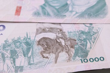 Close up Argentine Money - Currency of Argentine, Pesos argentinos. Ten thousand pesos bill, ten thousand pesos cash bills