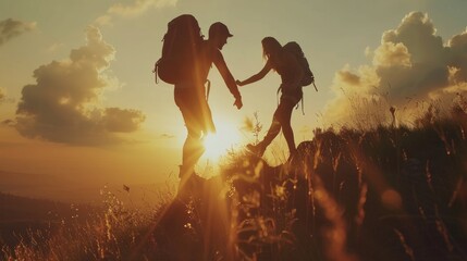 Silhouette of Male and female hikers climbing up mountain top and one of them giving helping hand. People helping and, team work concept
