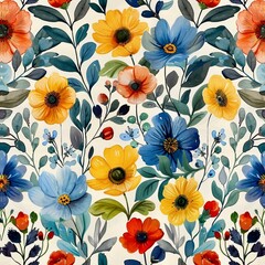 Watercolor floral seamless pattern in vintage rustic style