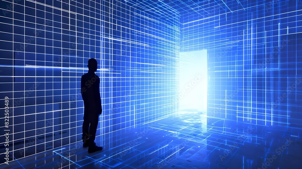 Poster man standing in a futuristic digital room filled with grid lines. concept of technology and virtual 