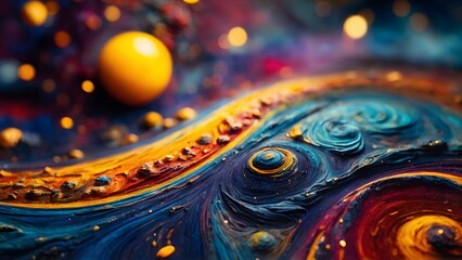 An abstract representation of the universe, with vibrant colors blending together in cosmic swirls and patterns, reminiscent of Vincent van Gogh's "Starry Night". Digital Illustration. Generative AI