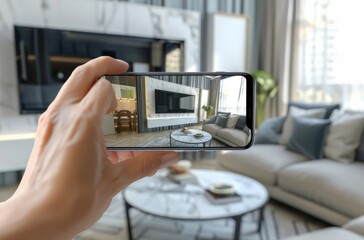 A person takes a photo of a stylish modern living room using a smartphone, showcasing interior design and technology.