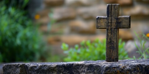 A wooden cross with a textured finish rests on a stone surface against an old wall, conveying a sense of tradition and faith