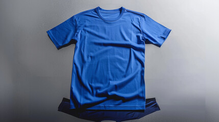 High-definition display of a plain royal blue t-shirt mock-up on a clear reflective surface.