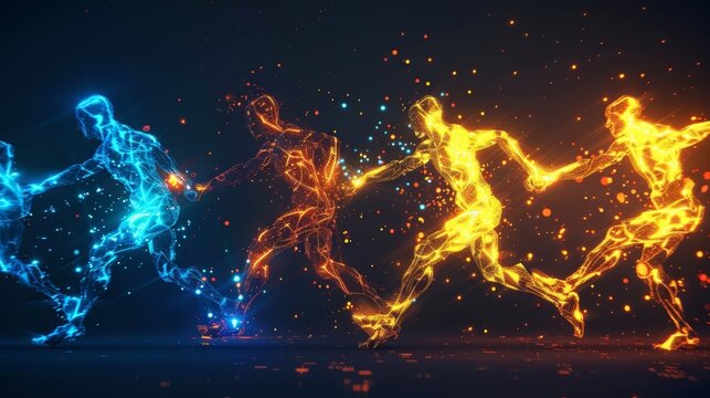 In the team relay race particles of different energies join forces to pass the baton representing the laws of thermodynamics.