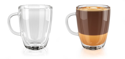 Realistic glass mugs set of transparent empty mug and latte coffee mug. 3d illustration on white background