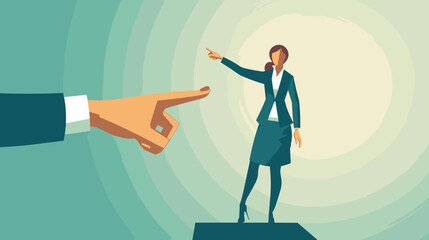 Businesswoman Standing on Giant Hand Pointing in Opposite Direction, Symbolizing Employee-Boss Disagreement and Conflict