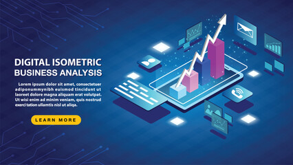 Digital isometric Business Analysis on blue background.