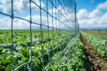 Steel wire mesh fencing in agricultural fields with farm crops and machinery in the background, showcasing utility and durability.. AI generated.